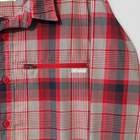 Columbia Men's Plaid Flannel Omni-Shade Zip Pocket Fishing Shirt Red Gray Sz Lrg - Picture 3 of 6